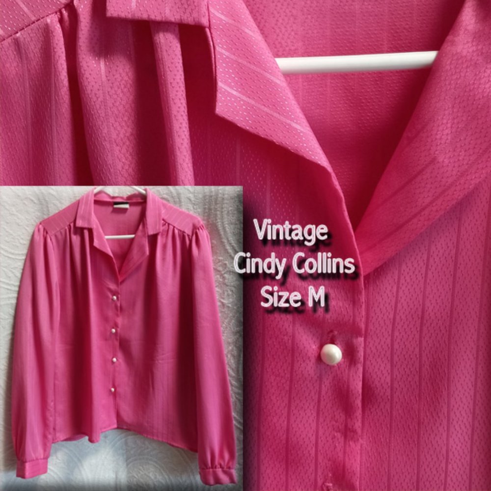 Vintage Cindy Collins Button Down Blouse Pink Faux Pearl Buttons SZ M  (T-209)